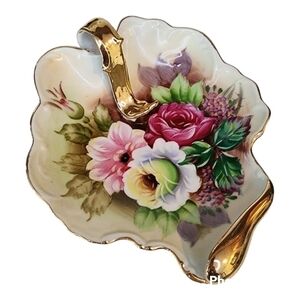 Art Nouveau Style Cabbage Roses Handpainted Dish Nappy Dish Gold Gilding EUC.